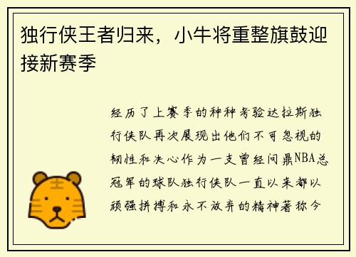 独行侠王者归来，小牛将重整旗鼓迎接新赛季